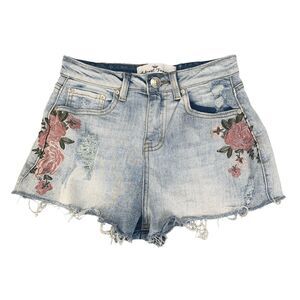 Almost Famous Shorts Womens Juniors 3 Blue Denim High Rise Embroidered Floral